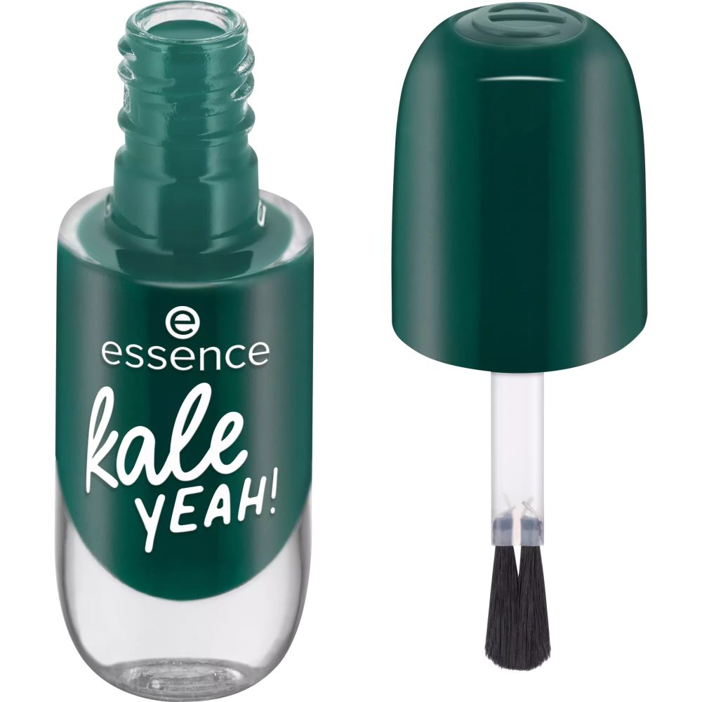 Flacon de vernis à ongles vert avec bouchon ouvert et pinceau. Inscription : essence, kale YEAH!