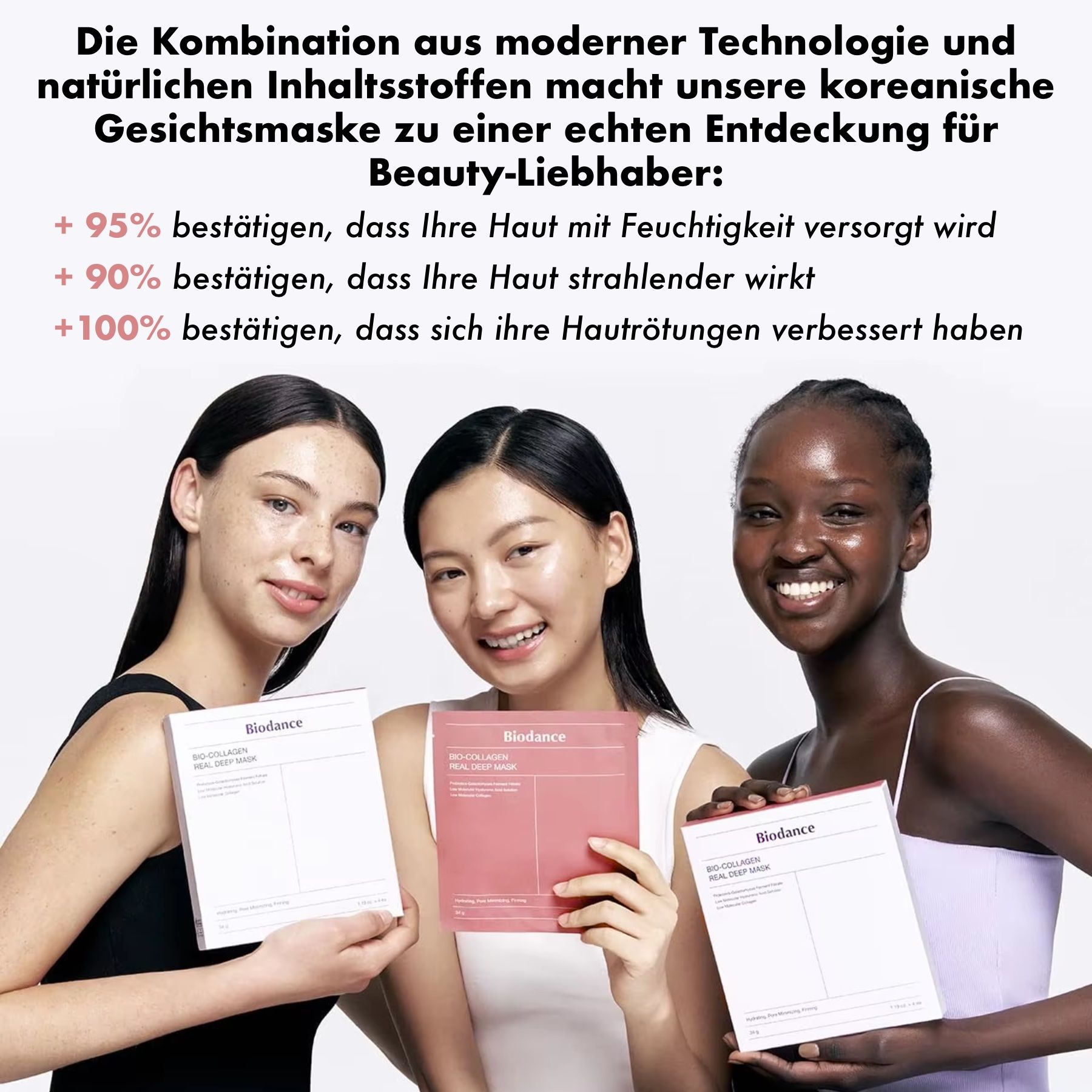 Trois femmes tenant des masques faciaux Biodance. Texte: +95% confirment que leur peau est hydratée.
