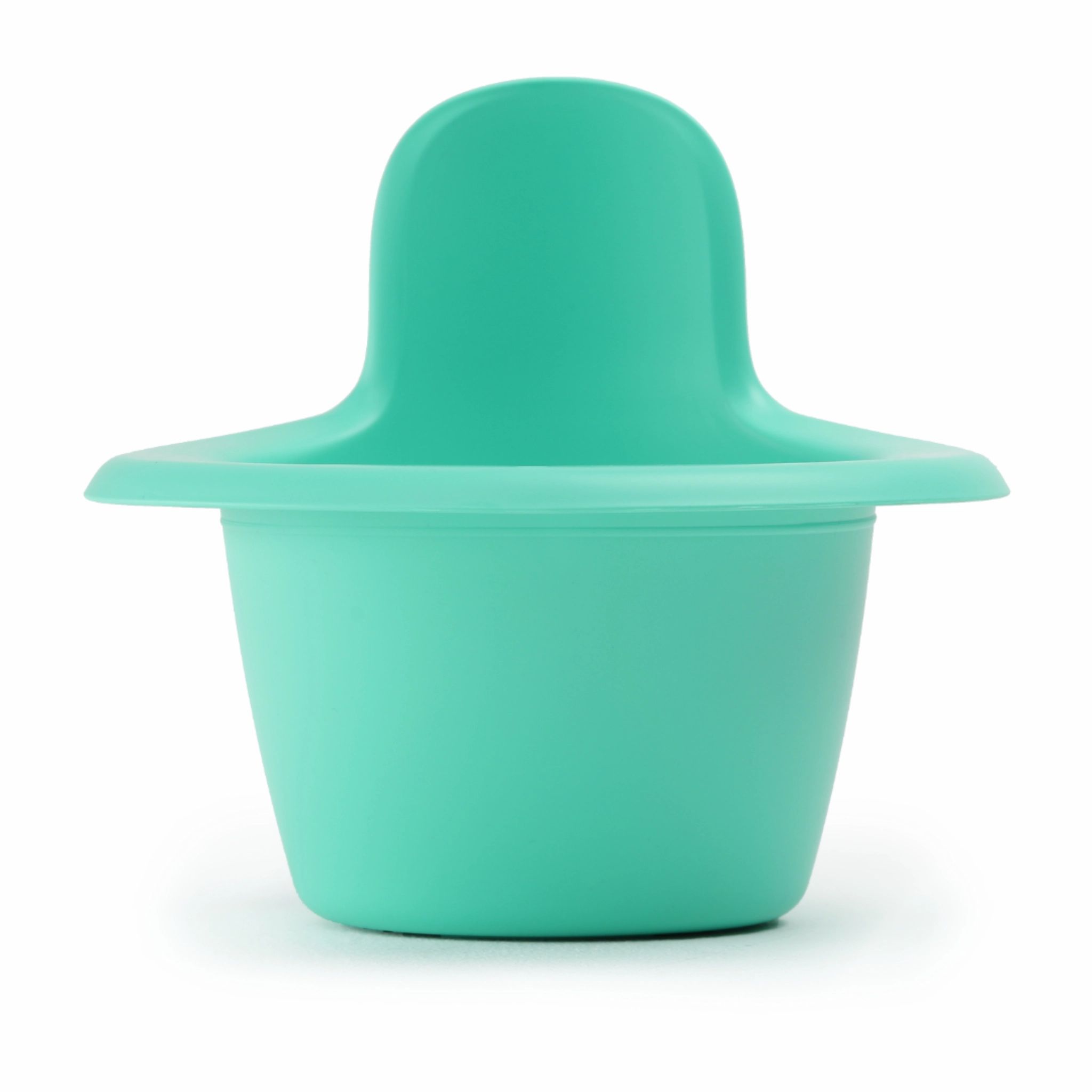 Turquoise baby-potje met brede rand en hoge rug.