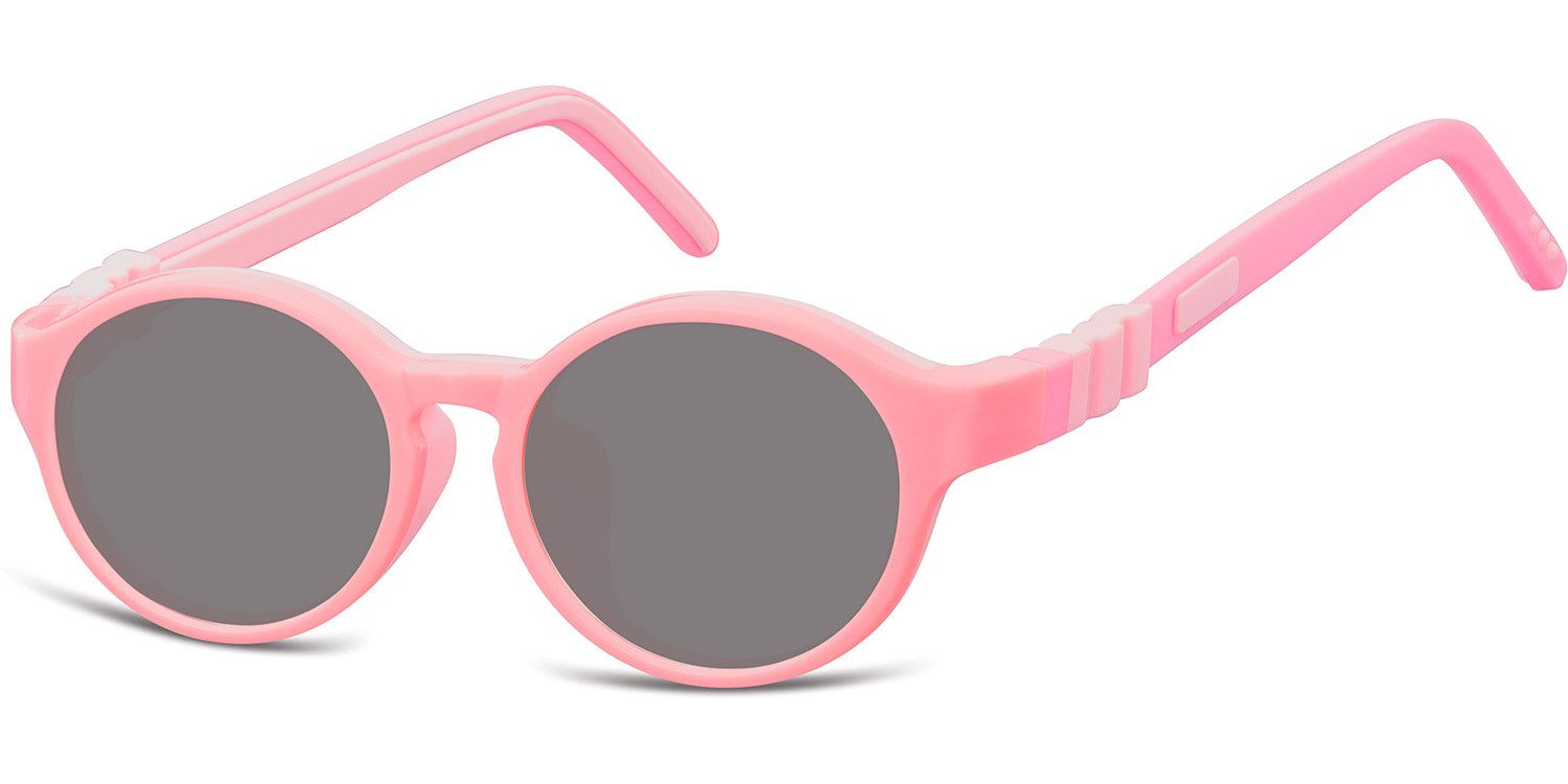Lunettes de soleil roses avec verres ronds gris. Monture et branches roses.