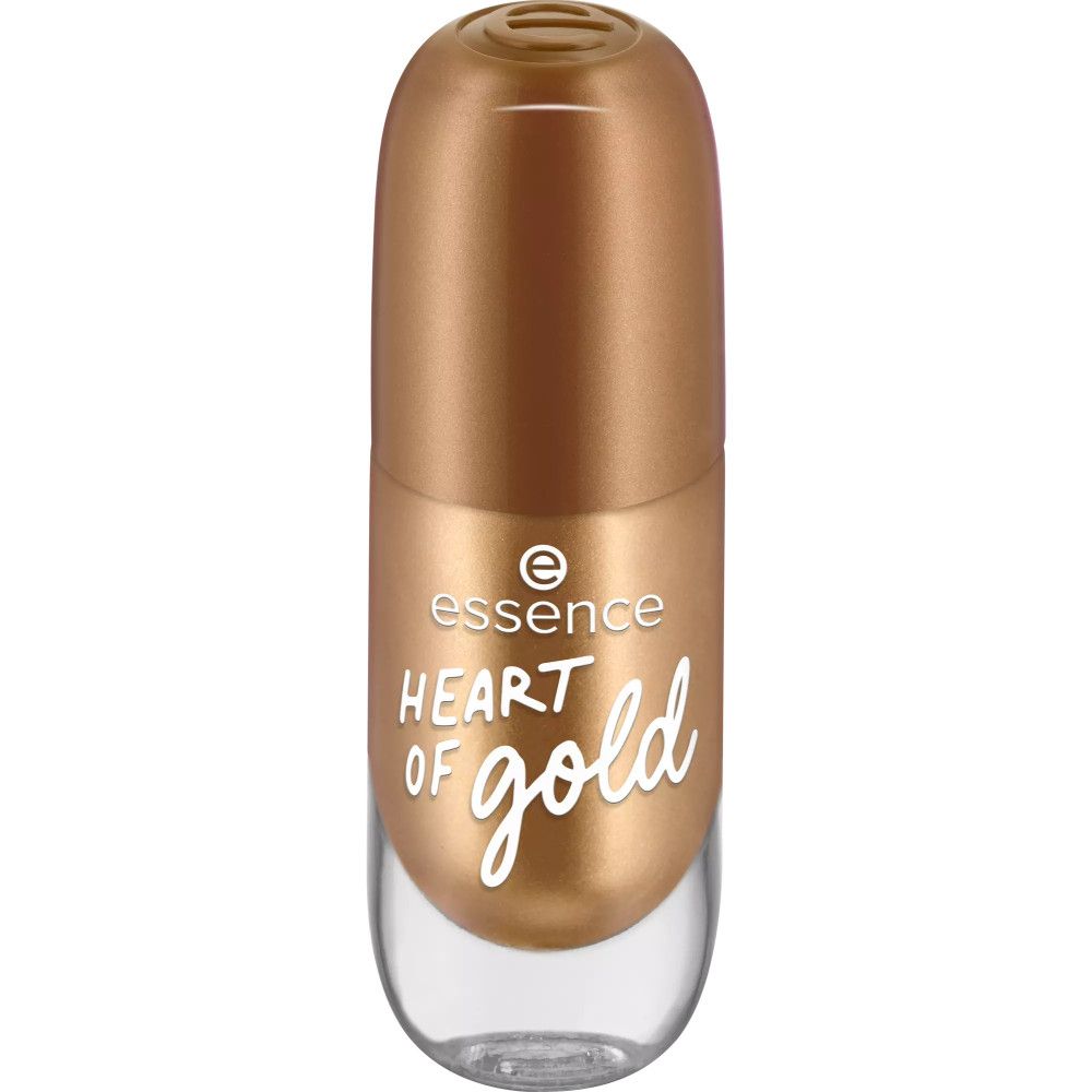 Flacon de vernis à ongles avec bouchon doré. Inscription : Heart of Gold. Corps transparent du flacon.