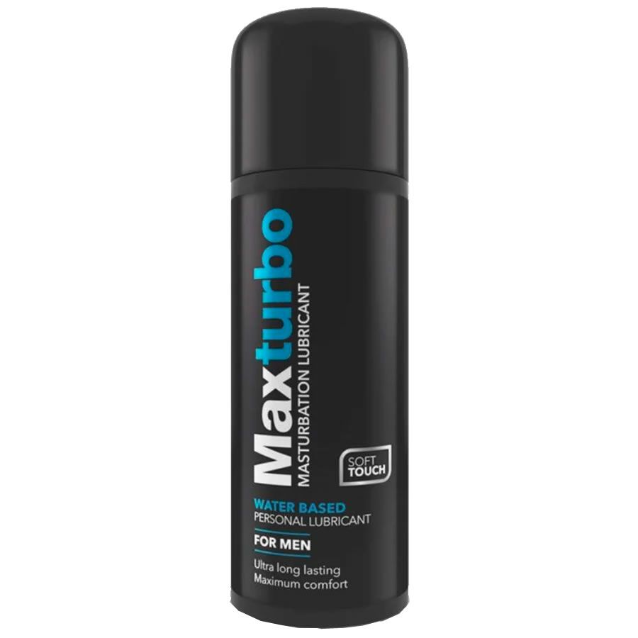 Flacon noir avec texte "Maxturbo". Contient "Lubrifiant personnel à base d'eau" pour hommes. Logo "Soft Touch" visible.