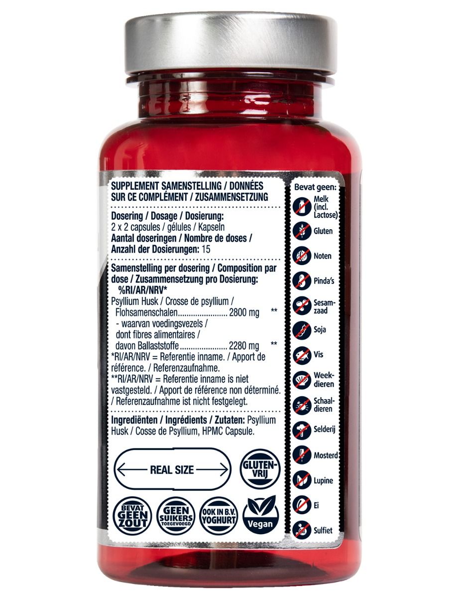 Achterkant van de capsulefles. Informatie over ingrediënten, dosering en allergenen. Glutenvrij, vegan.