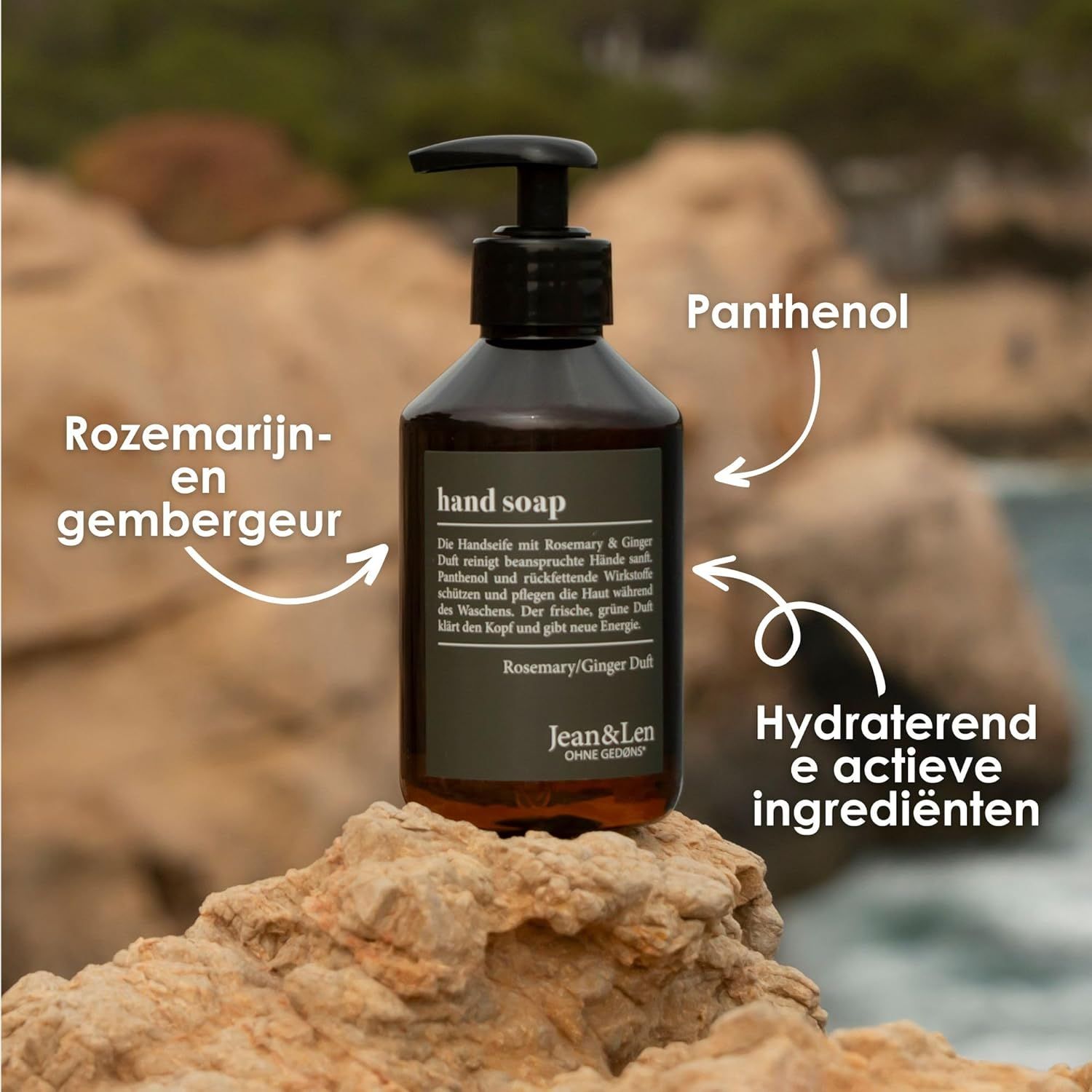Bruine zeepfles met pompdosser, etiket "hand soap" en "Rosemary/Ginger Duft".