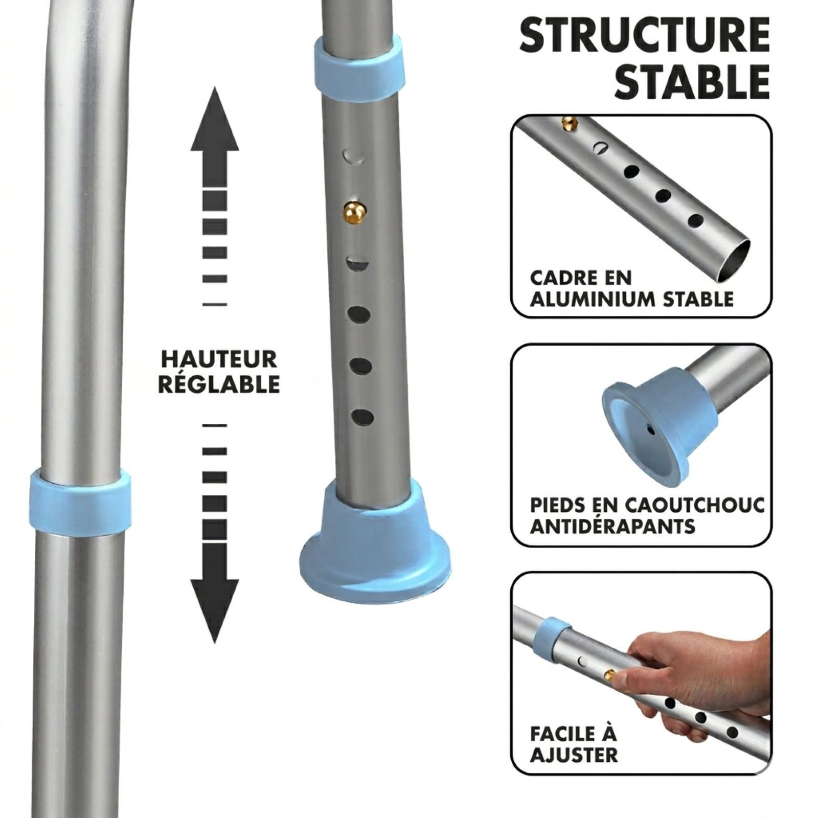 Détails du tabouret de douche : réglable en hauteur, pieds antidérapants, cadre en aluminium stable.