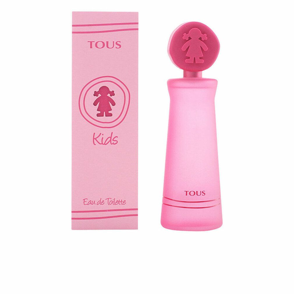 Spray Eau de Toilette rose avec emballage rose. Le logo Tous Kids est affiché sur l'emballage et le flacon.