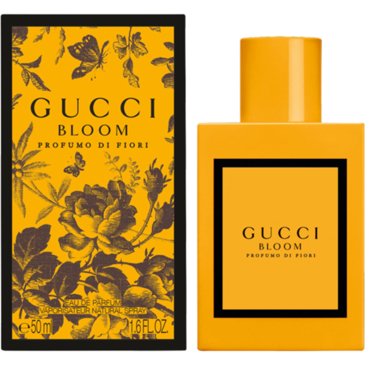 Gele fles en doos. Opschrift: Gucci Bloom Profumo di Fiori. Doos met bloemenpatroon.