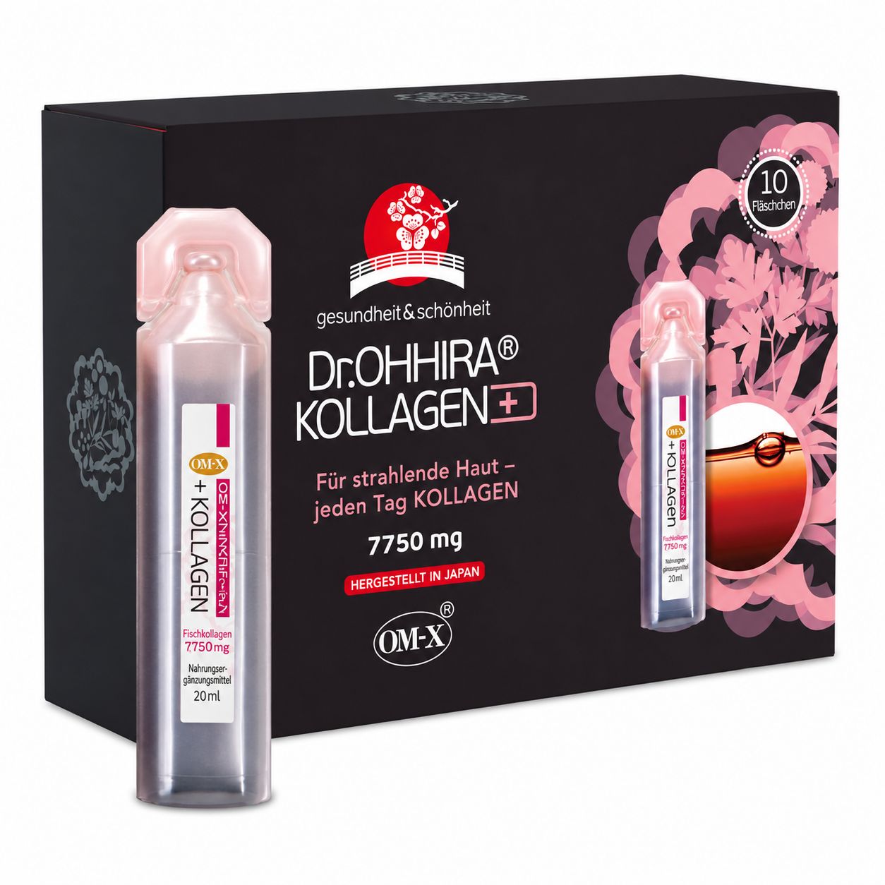 Pack Dr. OHHIRA Collagen+ de 10 ampoules buvables, 7750 mg de collagène par flacon.