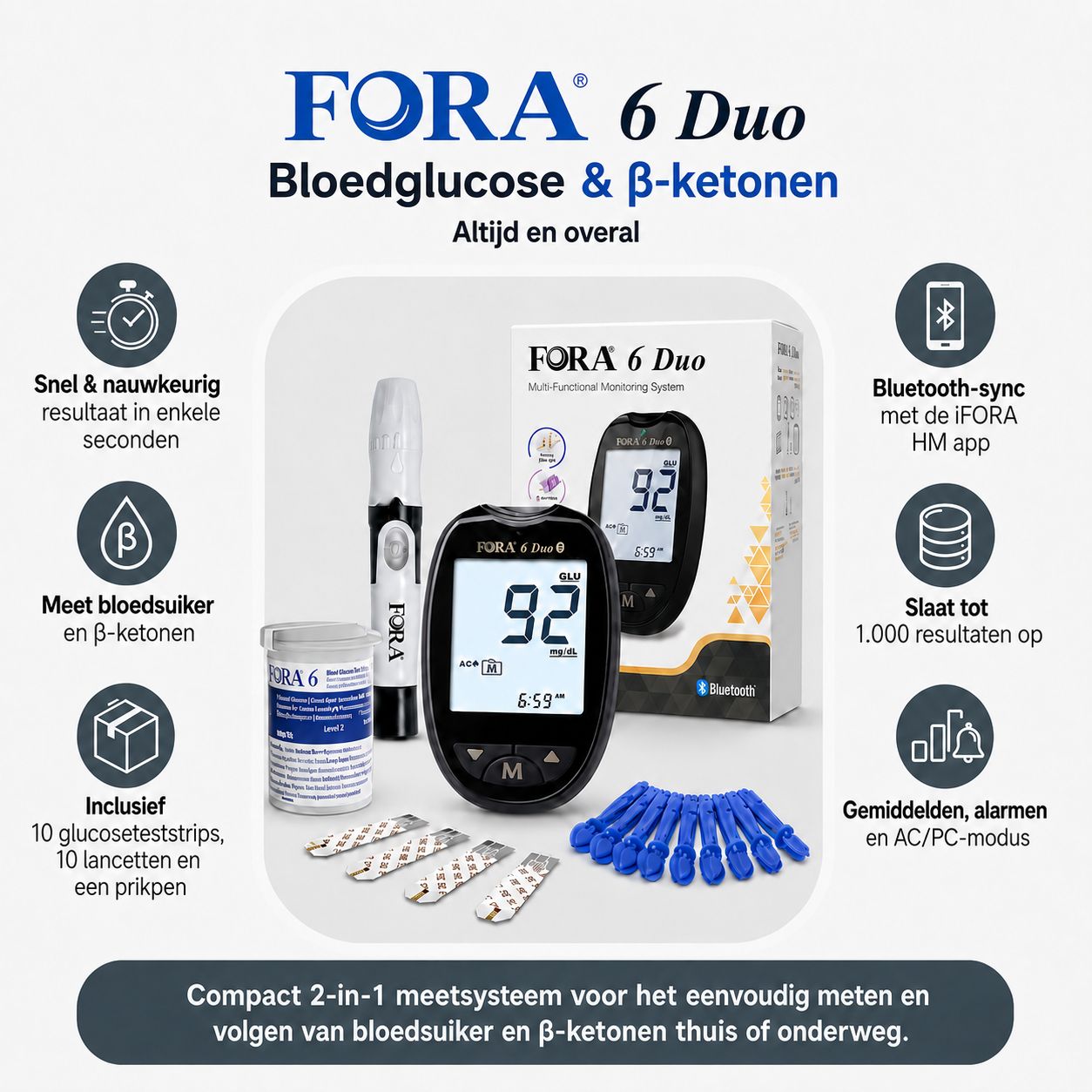 FORA 6 Duo meter met smartphone-app voor bloedglucose en ketonenmeting.