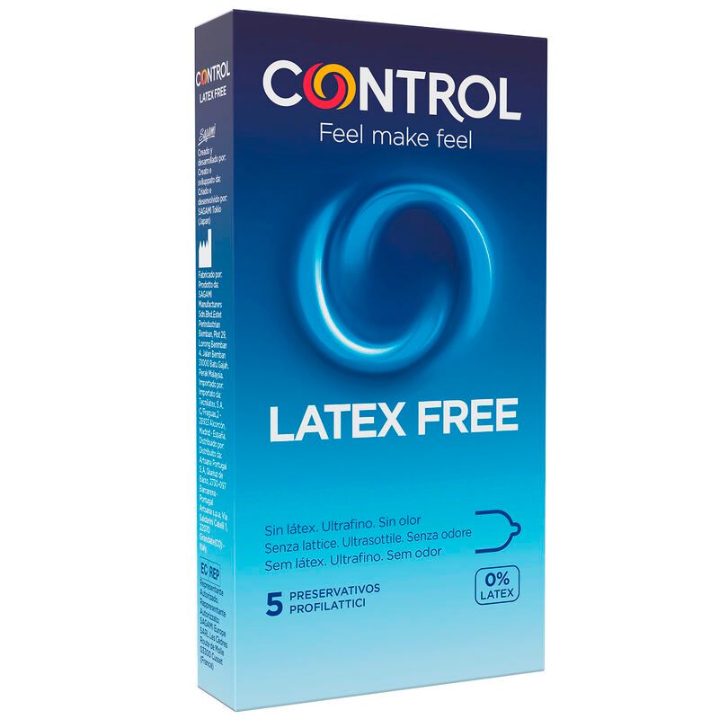Boîte avec nom et logo du produit. Contient 5 préservatifs. Inscription : Latex Free. Avec indication 0% latex.