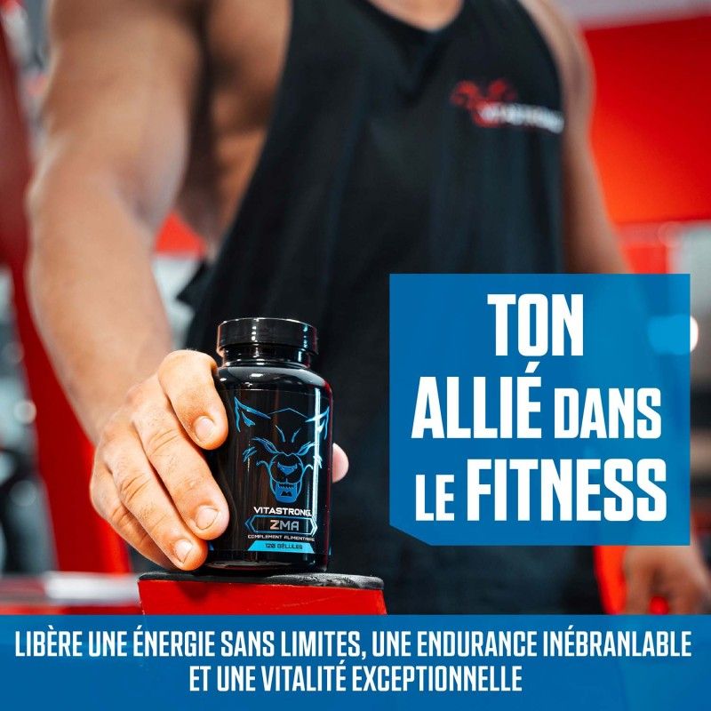 Zwarte fles met blauwe wolfsgrafiek. Bevat zink, magnesium, vitamine B6. Opschrift: Vitastrong ZMA, 120 capsules.