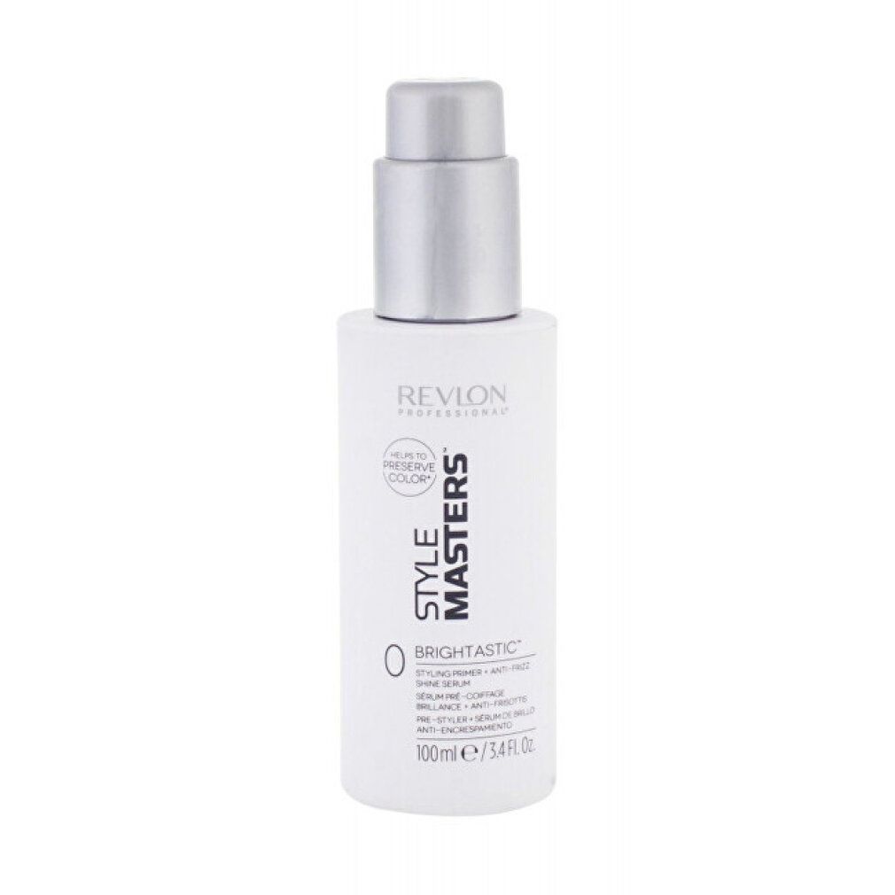 Witte fles met zilveren pomp. Opschrift: Revlon Style Masters Brightastic. 100ml.