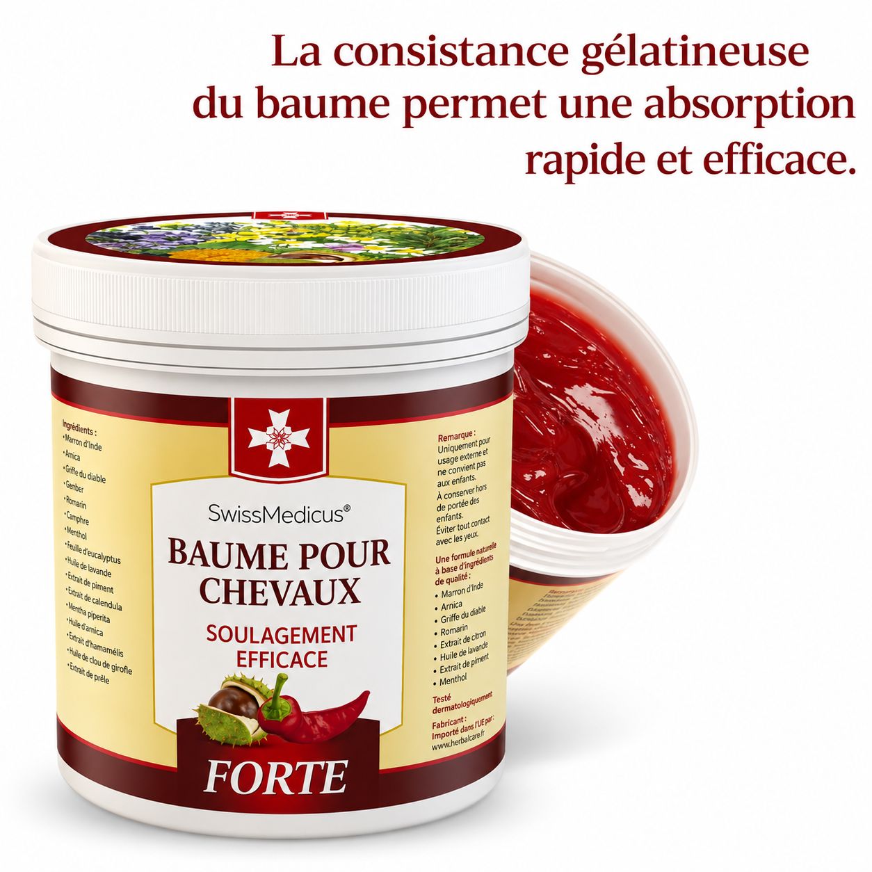 Graphique avec texte 'La consistance gélatineuse...', image produit et baume rouge dans une boîte ouverte.