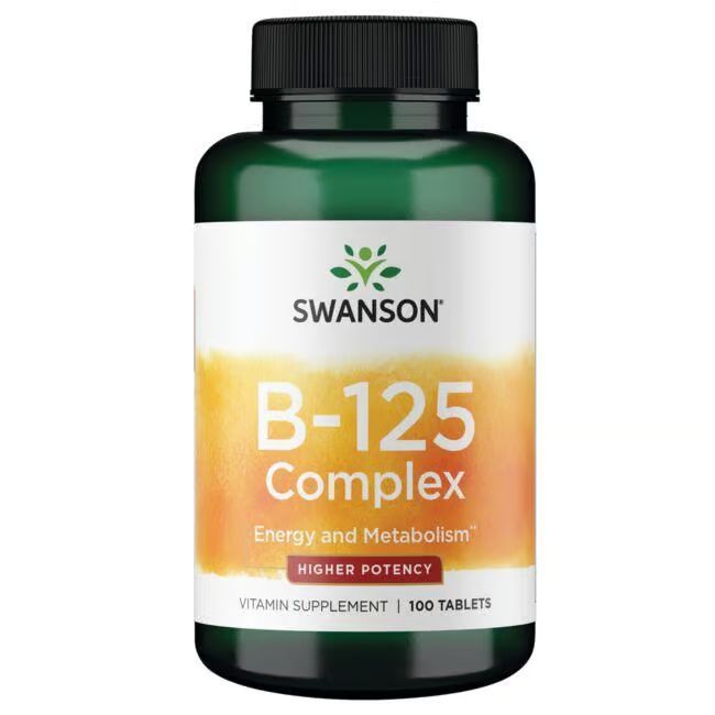 Groene fles met wit etiket. Opschrift: SWANSON B-125 Complex, voedingssupplement, 100 tabletten.