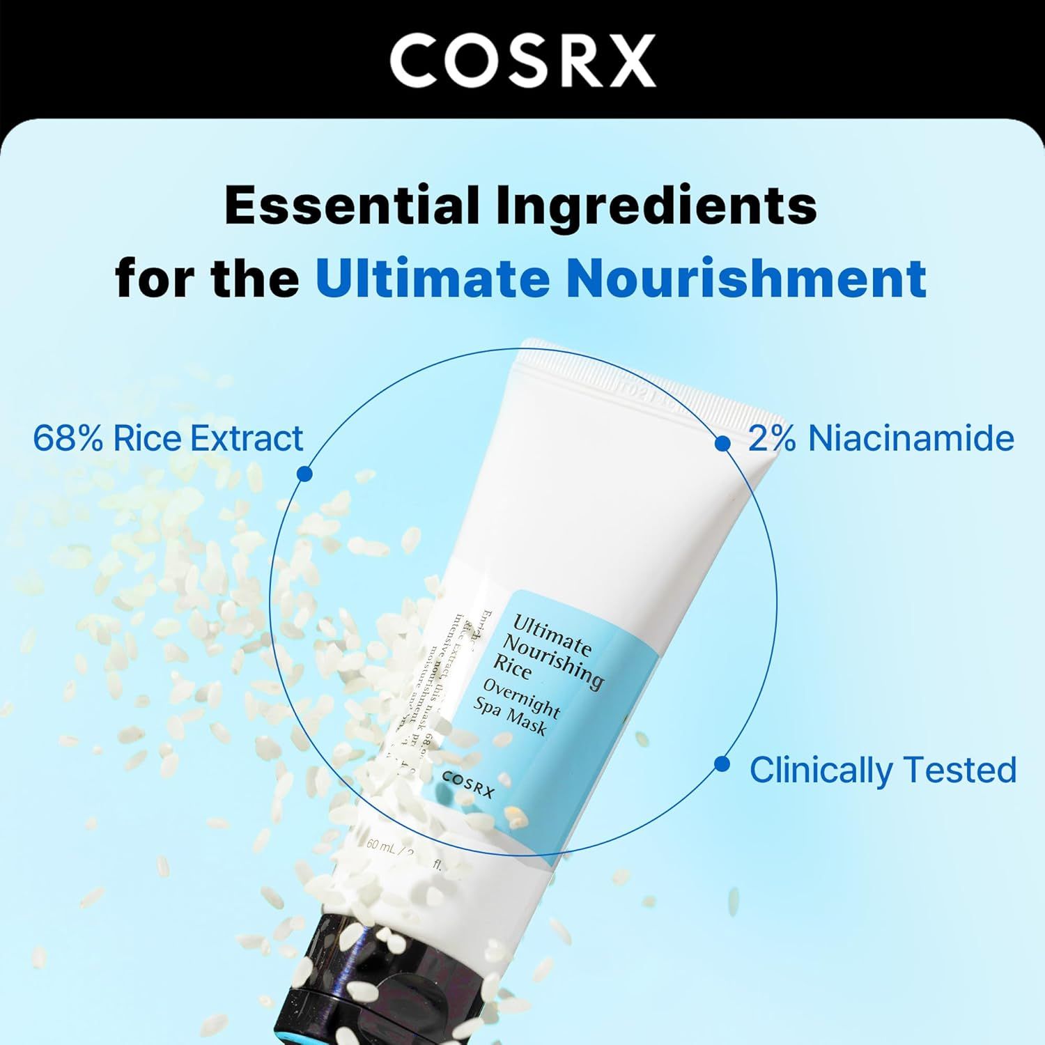 Masque de nuit COSRX au riz, 68% extrait de riz, 2% niacinamide, testé cliniquement.