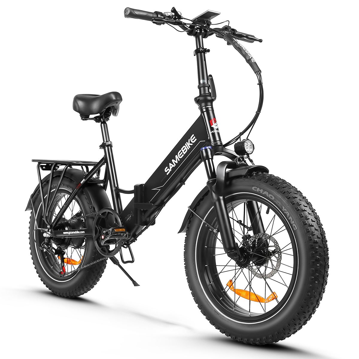 Vélo électrique pliable SAMEBIKE LOTDM200-II noir. Gros pneus, porte-bagages, phare, selle. Boîtier batterie avec logo.