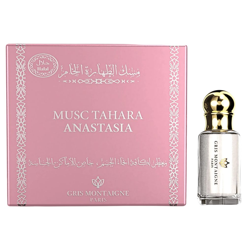 Boîte rose et flacon de parfum. Inscription: Musc Tahara Anastasia, Gris Montaigne Paris. Sceau Halal.