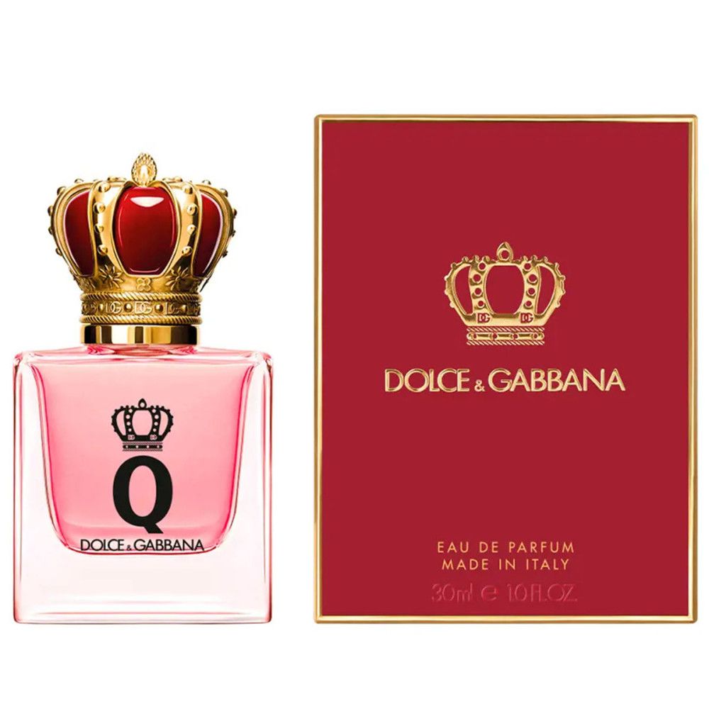 Q by Dolce & Gabbana Eau de Parfum. Roze fles met gouden kroon. Rode doos met gouden kroon en logo.