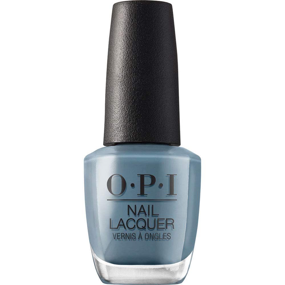 OPI nagellakfles, blauw-grijs. Zwarte dop. Opschrift: Nail Lacquer, Vernis à Ongles.