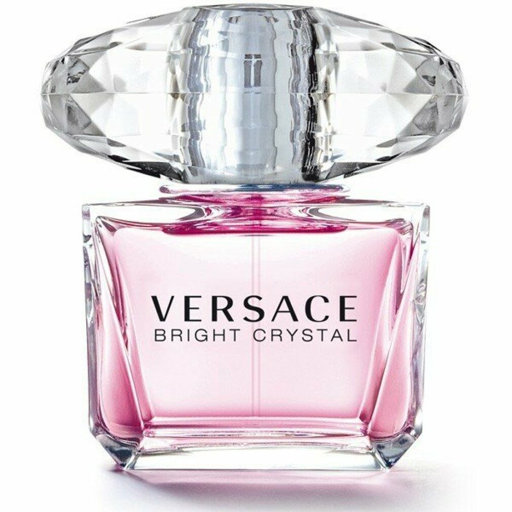 Roze fles met kristallen dop. Opschrift Versace Bright Crystal. Vierkante vorm.