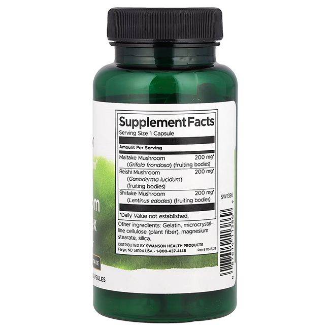 Dos d'un flacon vert avec bouchon noir. Étiquette avec informations nutritionnelles : Maitake, Reishi, Shiitake. Ingrédients.