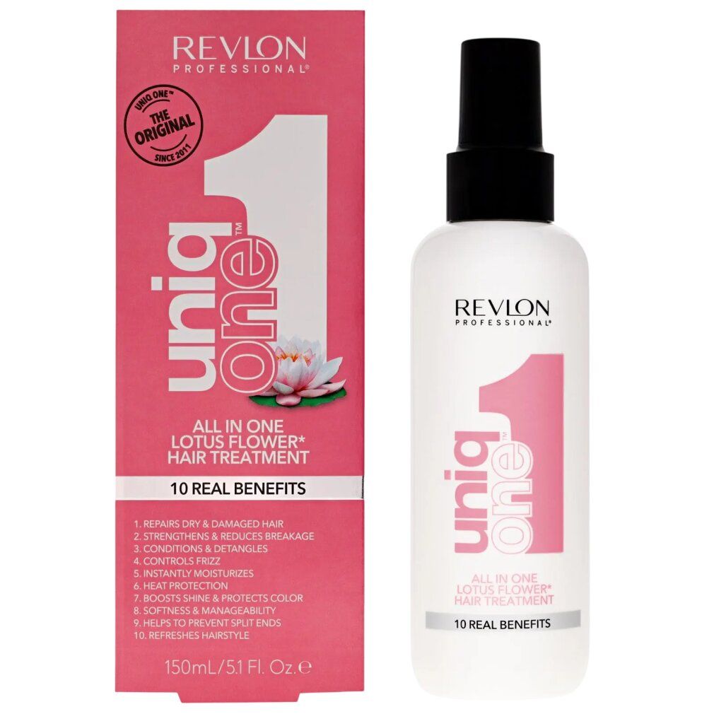 Emballage et flacon roses. Flacon blanc avec bouchon noir. Texte: Uniq One, All in One Lotus Flower Hair Treatment.