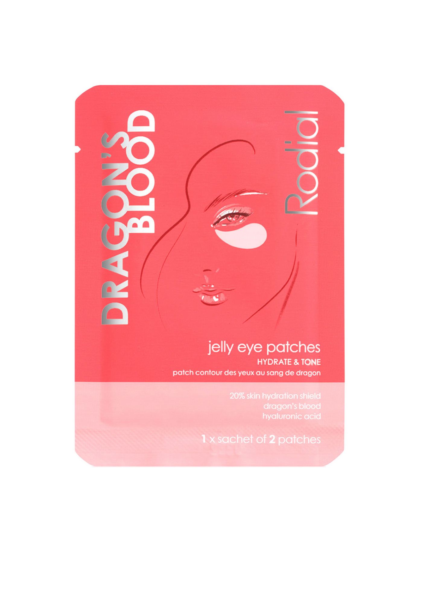 Sachet rose "Dragon's Blood" et "Rodial". Contient "jelly eye patches". Illustration d'un visage avec des patchs pour les yeux.