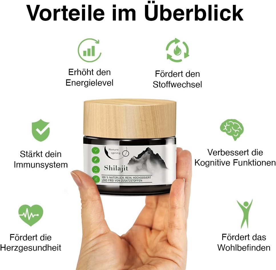 Pot de Shilajit avec couvercle en bois, tenu par une main. Graphiques illustrant les bienfaits : énergie, métabolisme, système immunitaire, fonctions cognitives, santé cardiaque, bien-être.
