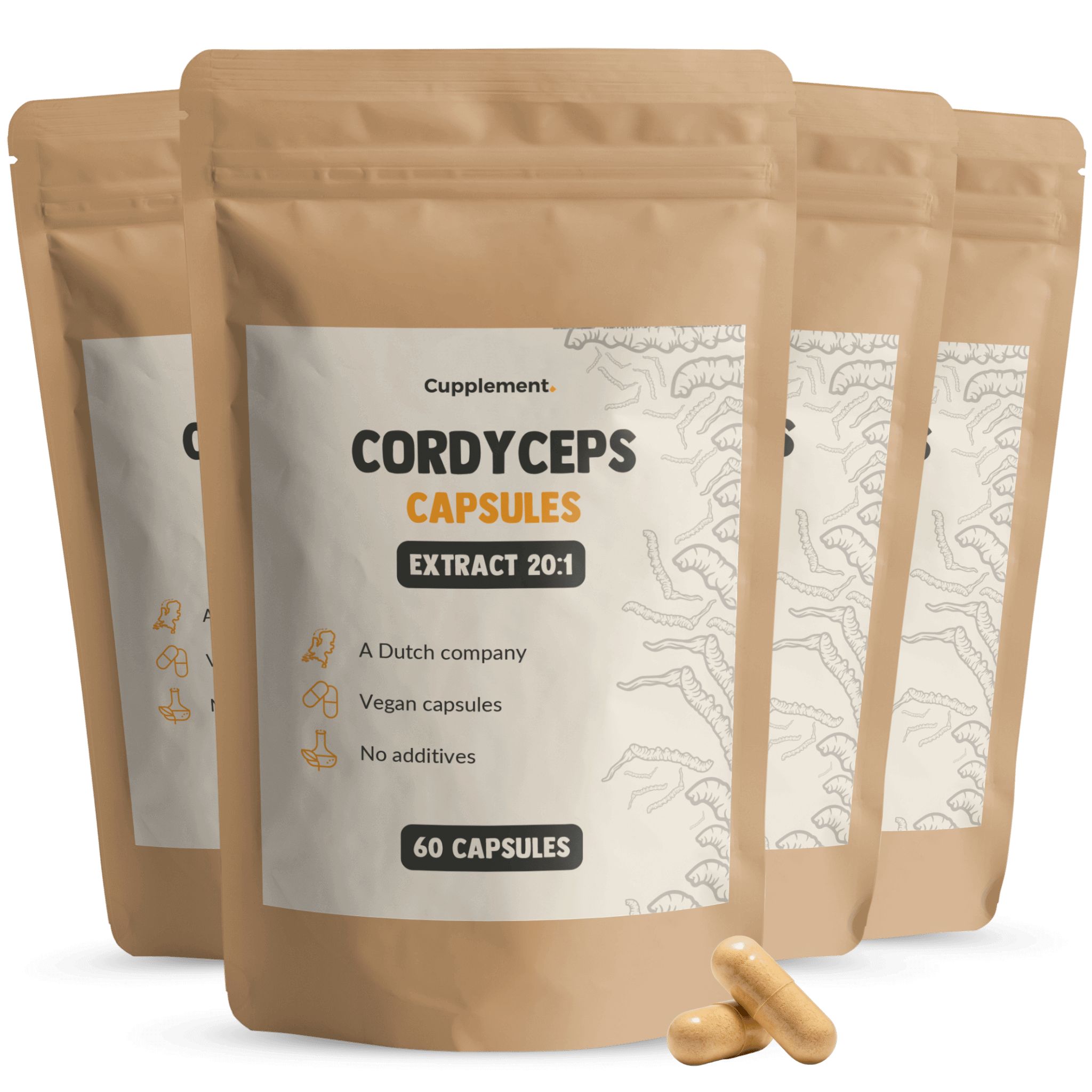 Verschillende zakjes Cordyceps Extract Capsules. Opschrift: Cordyceps Capsules, Extract 20:1, 60 capsules. Bruine capsules ernaast.