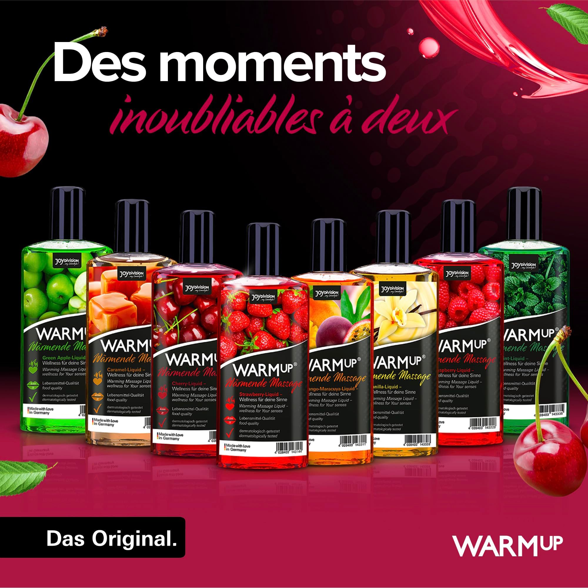 Meerdere flessen uit de WARMup productlijn, waaronder kersenliquid.