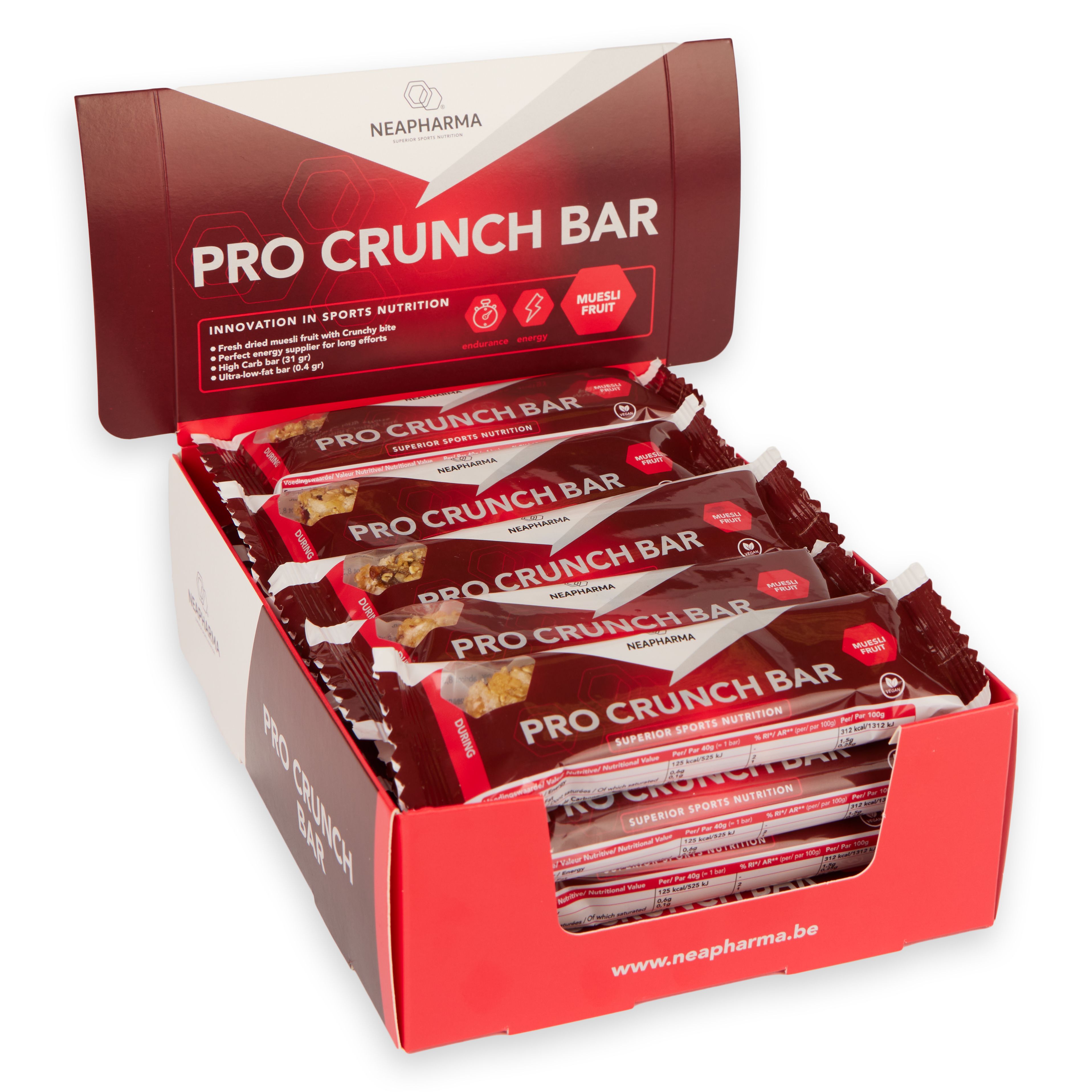 Doos met meerdere repen. Opschrift: Pro Crunch Bar. Zichtbaar: muesli stukjes. Verpakking: rood en wit.