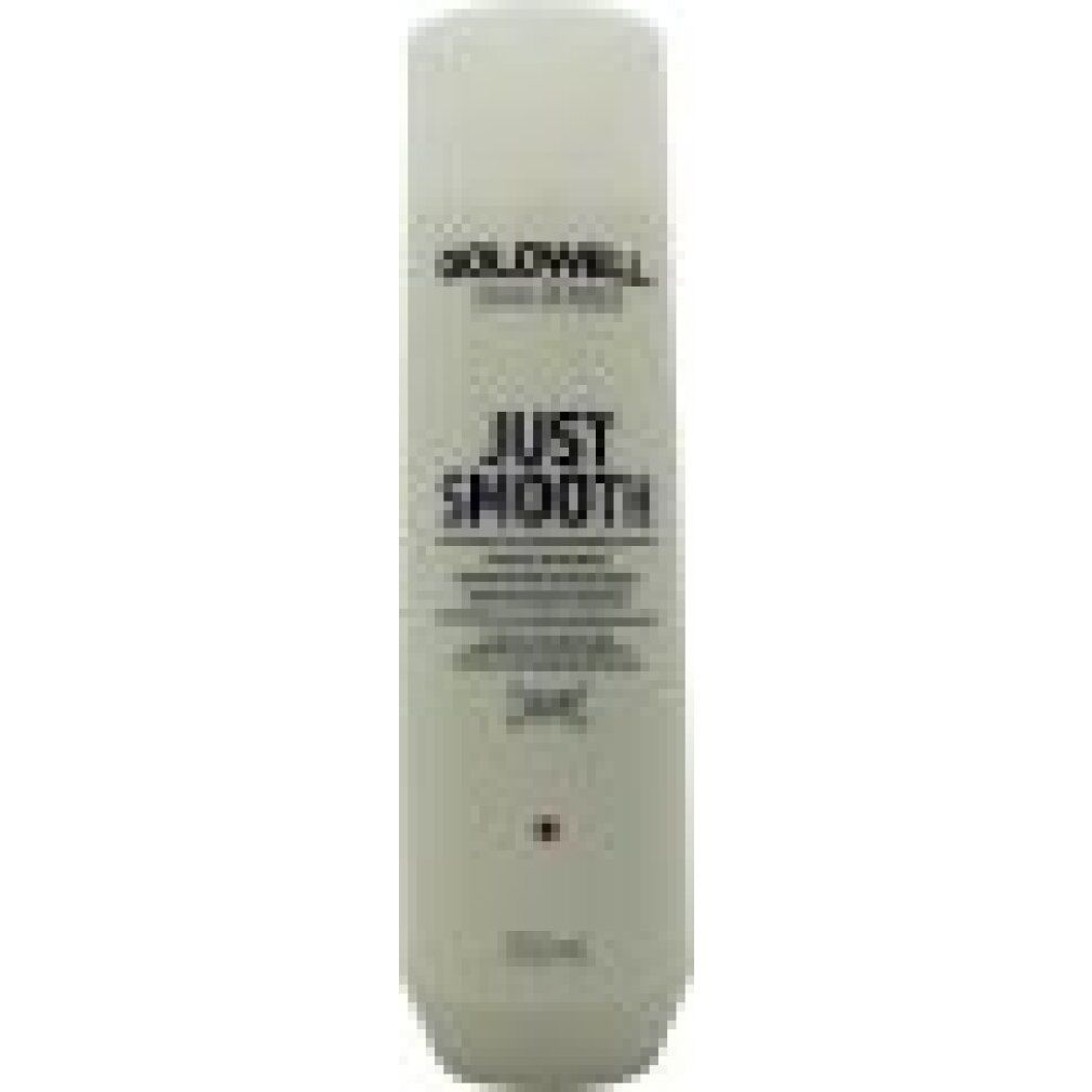 Flacon de shampooing Goldwell Dualsenses. Blanc, avec "JUST SMOOTH" et indication de 250ml. Vue verticale.