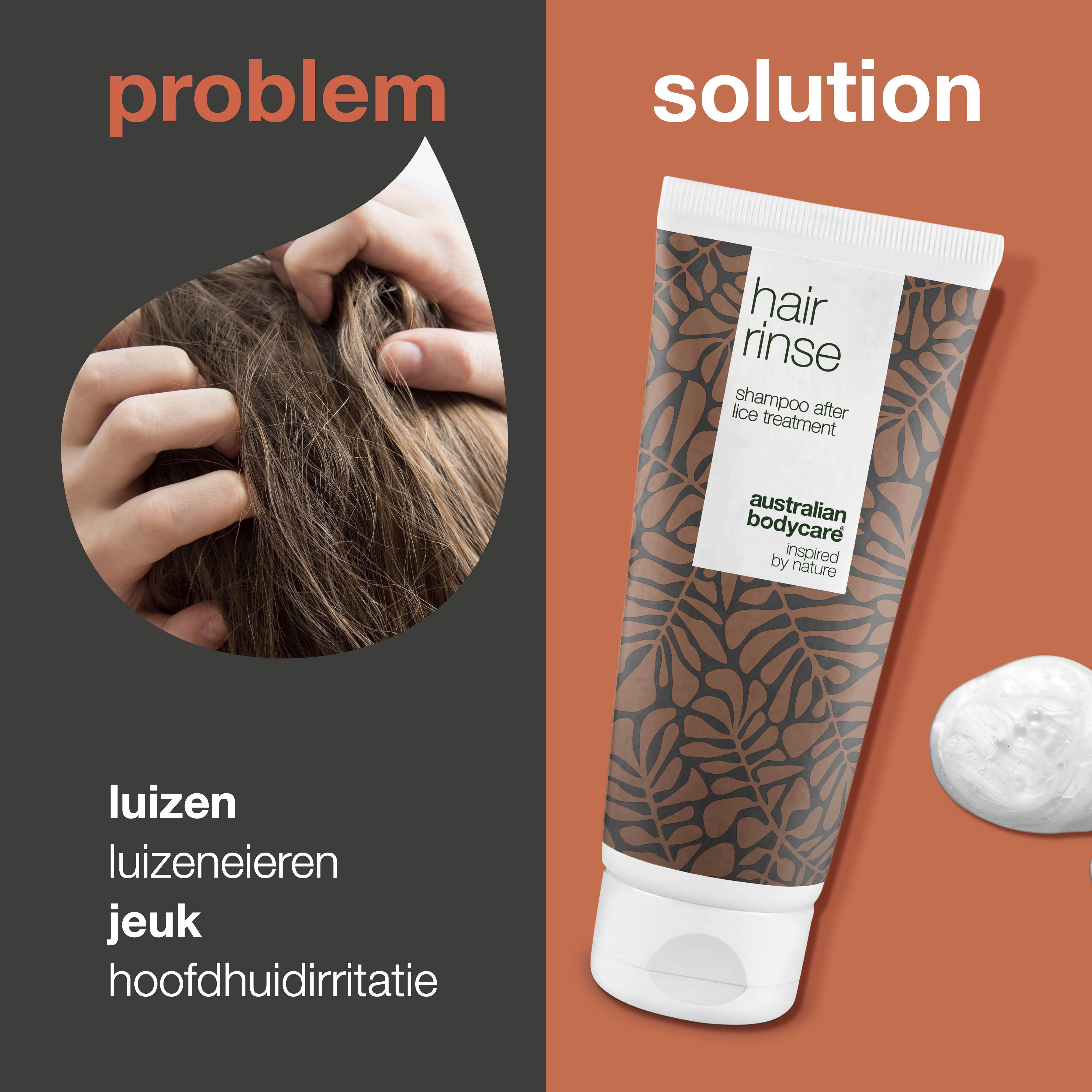 Twee afbeeldingen. Links: Krabbende hoofd. Rechts: Shampoo tube. Tekst: Hair Rinse, Australian Bodycare. Probleem/Oplossing.