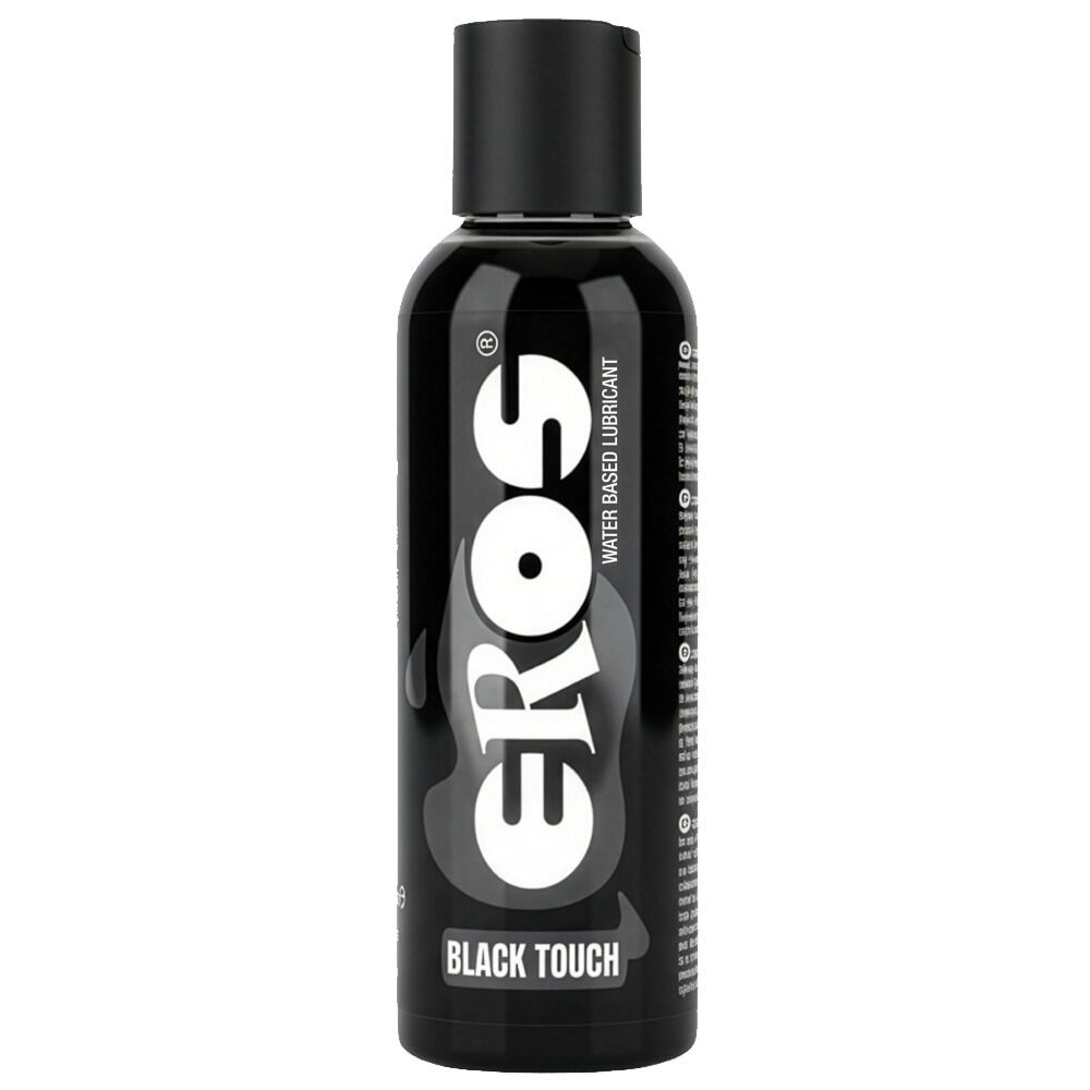 Flacon noir avec bouchon noir. Inscription: EROS, Black Touch, Water Based Lubricant.
