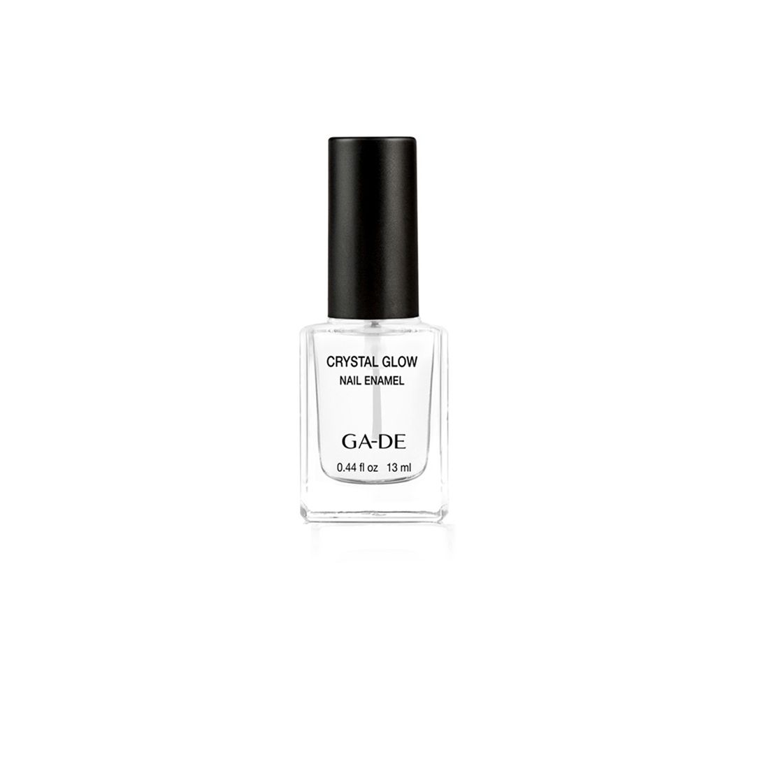 Ga-De Crystal Glow nagellak. Transparante vierkante fles met zwarte dop. Opschrift: Crystal Glow Nail Enamel, Ga-De, 13 ml.