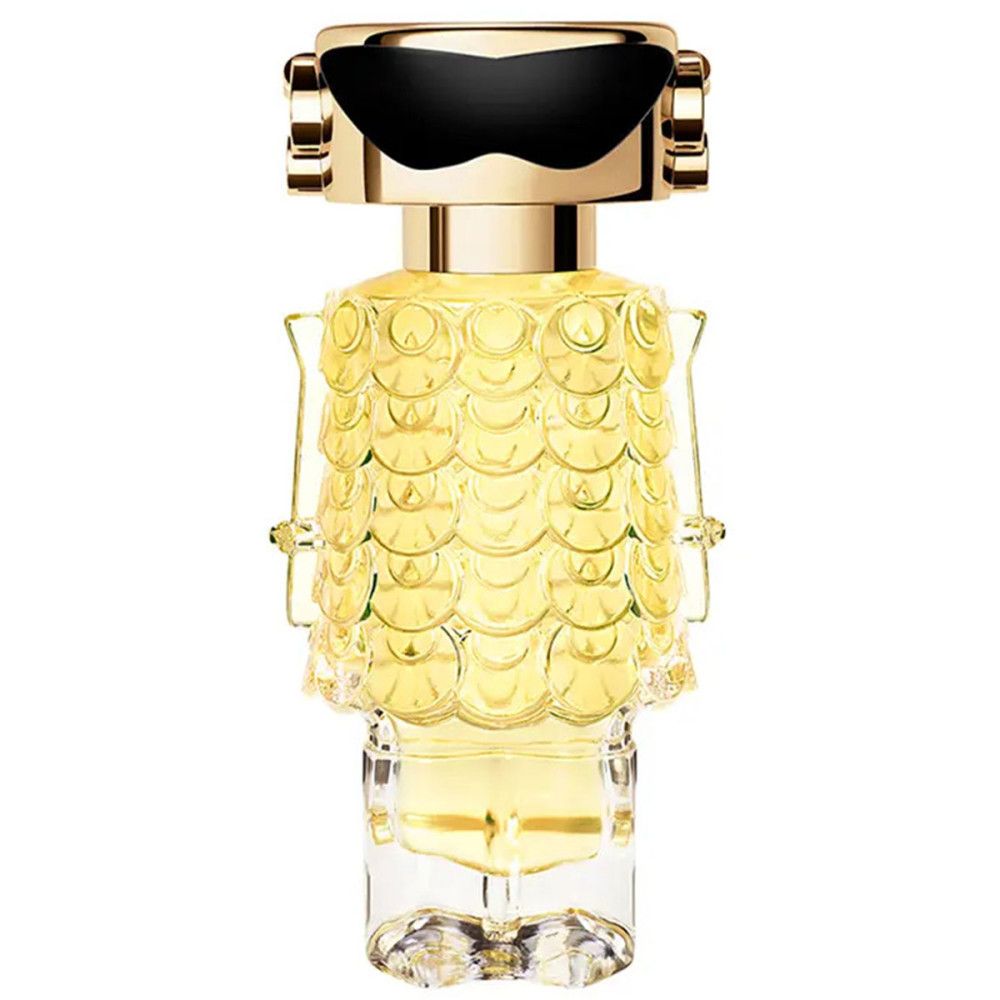 Flacon de parfum en forme de robot. Design doré avec élément noir. Socle transparent.