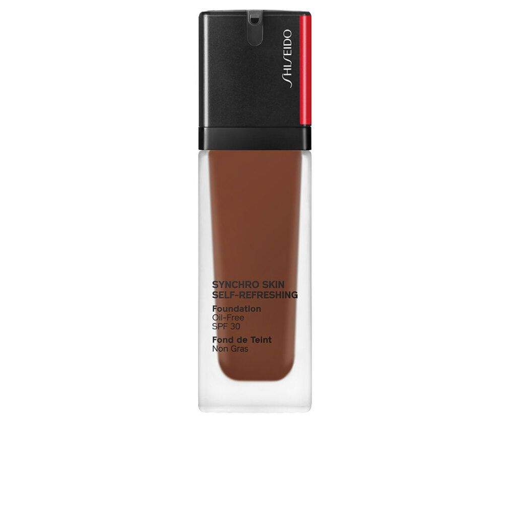 Fond de teint liquide. Flacon en verre, bouchon noir et rouge. Inscription: SHISEIDO, SYNCHRO SKIN SELF-REFRESHING, SPF 30.