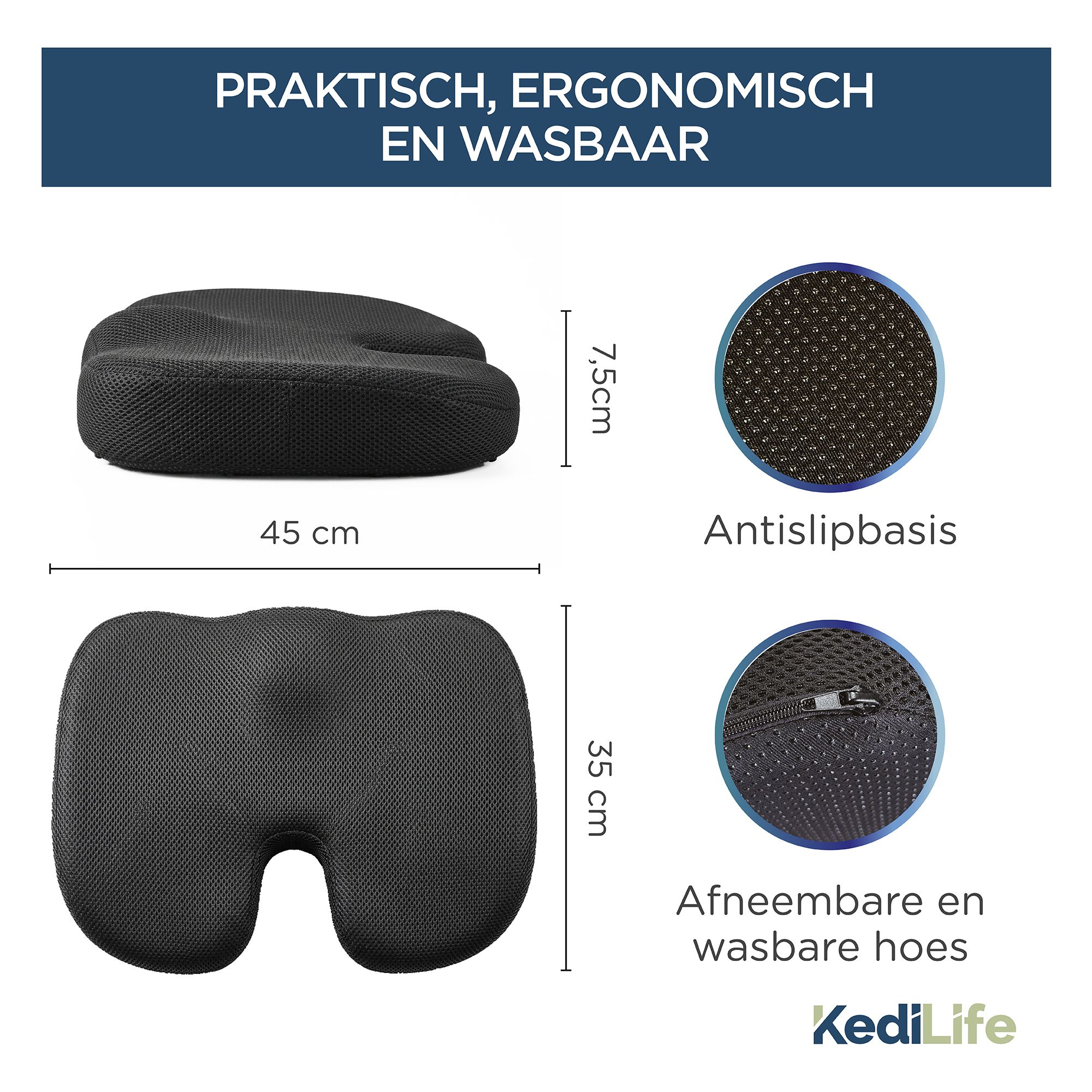 Ergonomisch kussen, 45x35 cm, 7,5 cm hoog. Afneembare hoes.