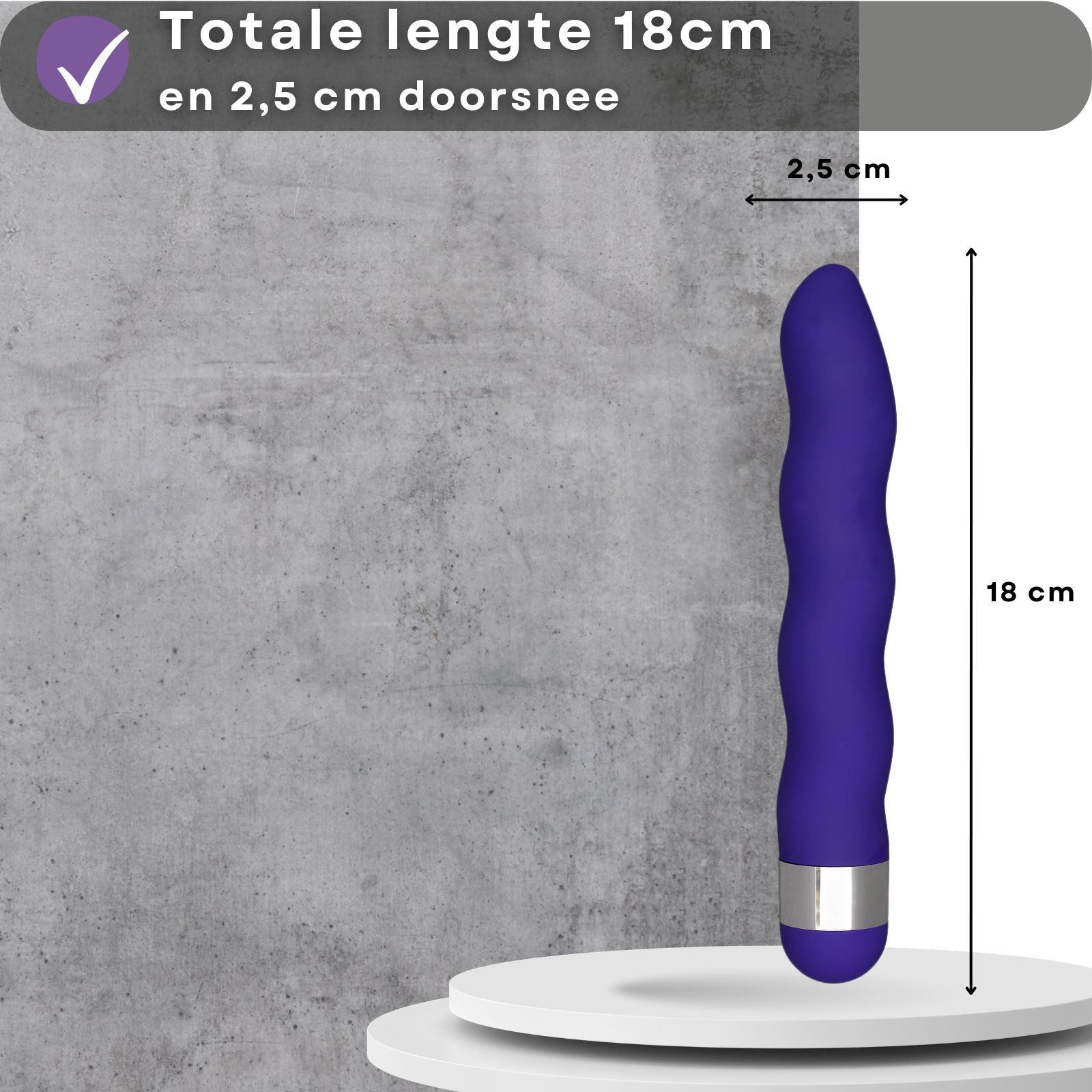 Blauwe vibrator, golfvorm. Siliconen en ABS. Op voetstuk. Handen vormen hart.