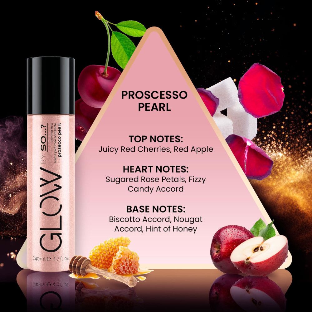 Brume parfumée Prosecco Pearl, avec illustrations d'ingrédients. Produit avec bouchon noir, inscription Glow et By So...?