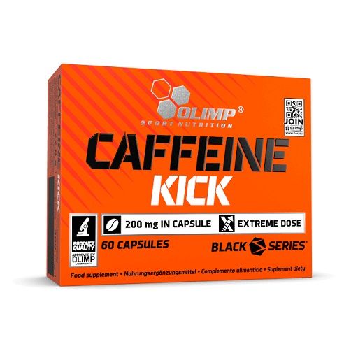 Olimp Caffeine Kick Gélules : Emballage orange avec inscription noire, 60 gélules, 200 mg par gélule.