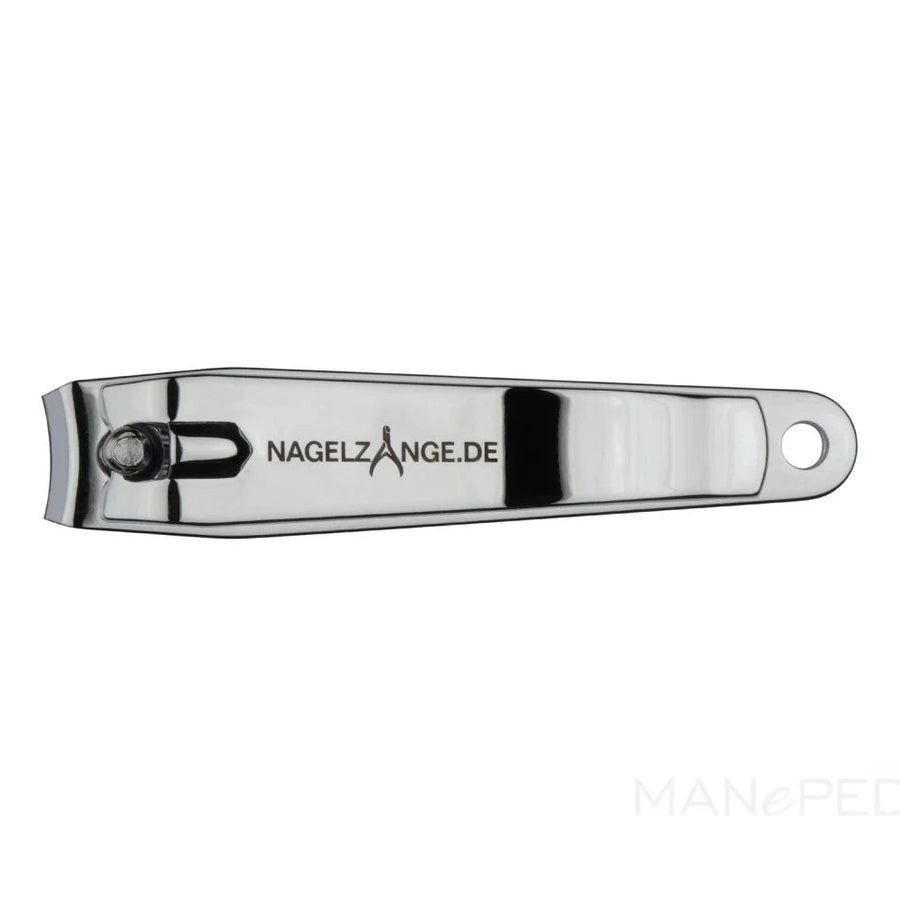 Metalen nagelknipper. Met logo NAGELZANGE.DE. Met ophanggat. MANePED logo.