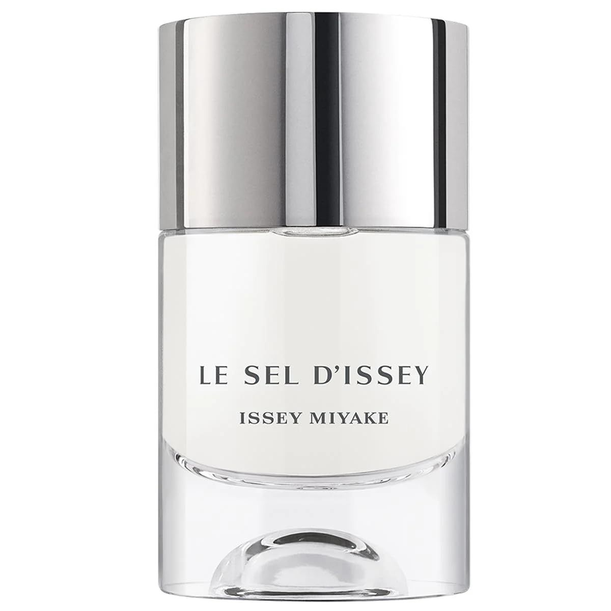 Flacon de parfum avec bouchon argenté et base transparente. Inscription : LE SEL D'ISSEY, ISSEY MIYAKE.