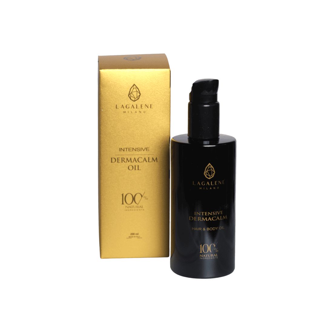Flacon noir et emballage doré. Inscription: Intensive DermaCalm Oil, 100% Natural. Logo Lagalene Milano.