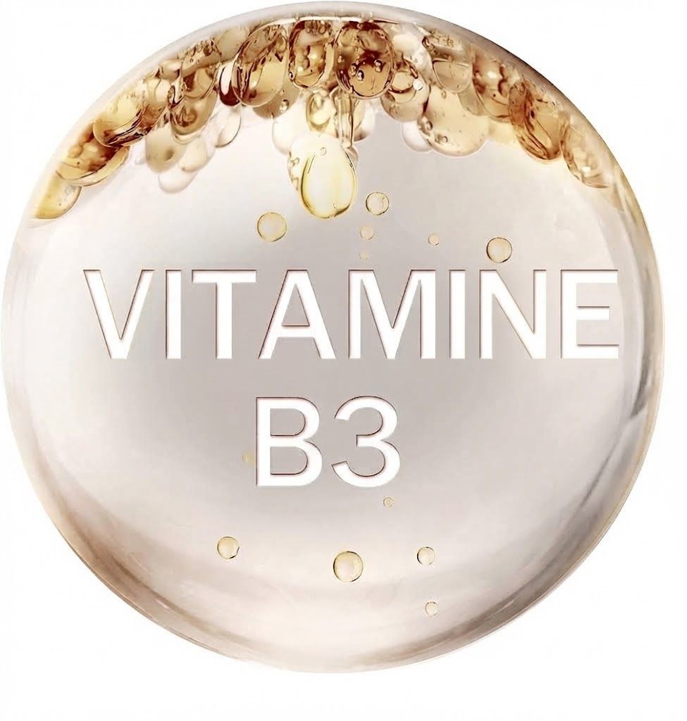 Goutte avec inscription VITAMINE B3, bulles remontent.