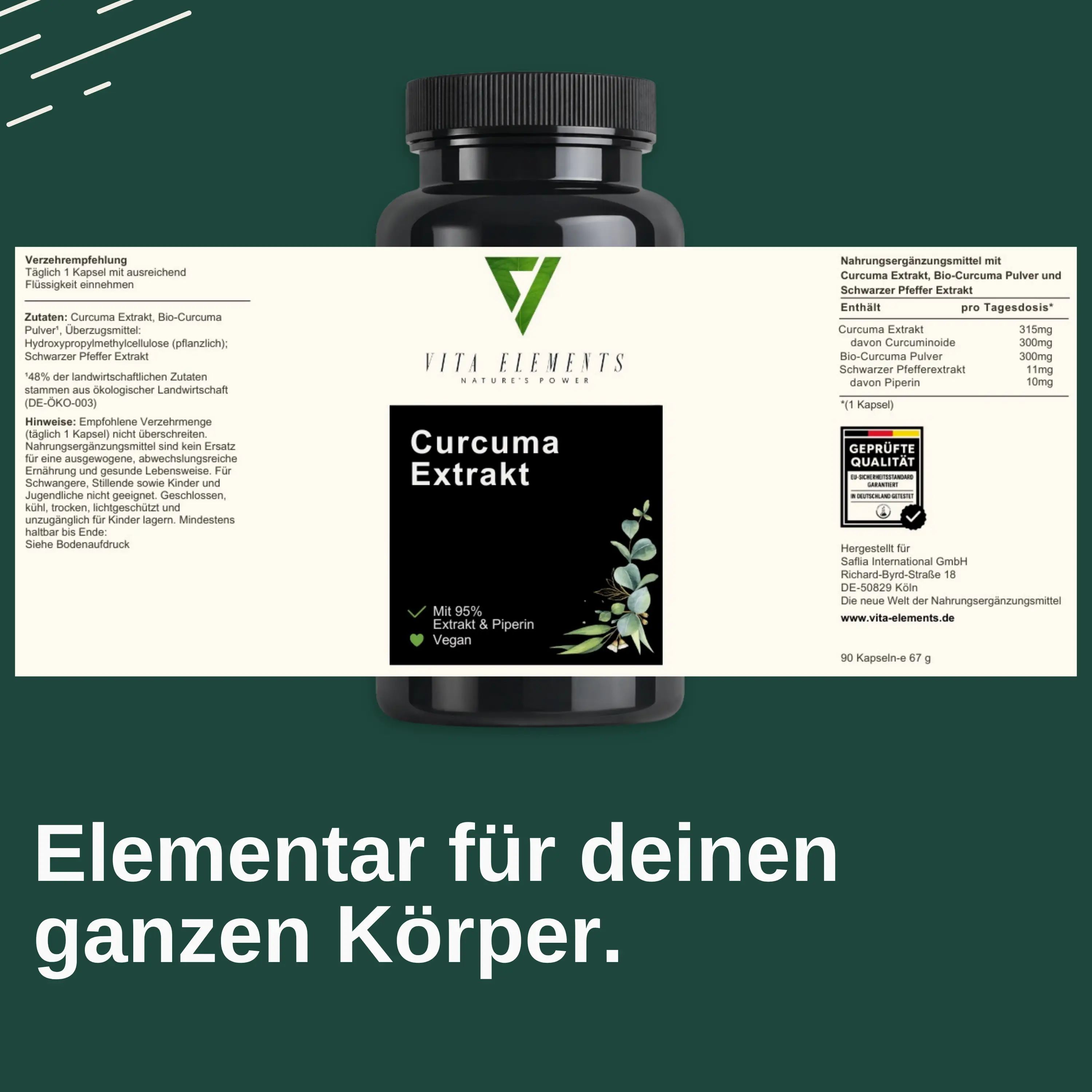 Vita Elements Kurkuma Extract: Pot met etiket. Bevat 95% extract & piperine. Veganistisch. Gecertificeerde kwaliteit. 60 capsules.