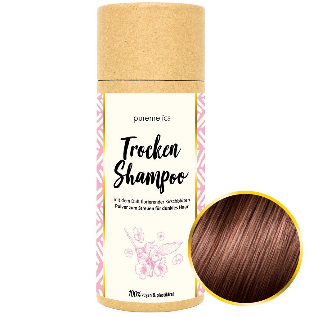 Emballage cylindrique avec "Trocken Shampoo". Image de cheveux colorés. Marque: puremetics. Texte: "Kirschblüte" et "für dunkles Haar".