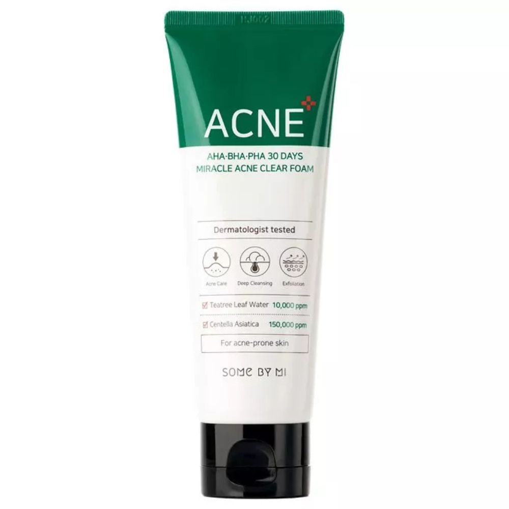 Tube de mousse nettoyante SOMEBYMI AHA-BHA-PHA Miracle Acne Clear. Testé par des dermatologues.