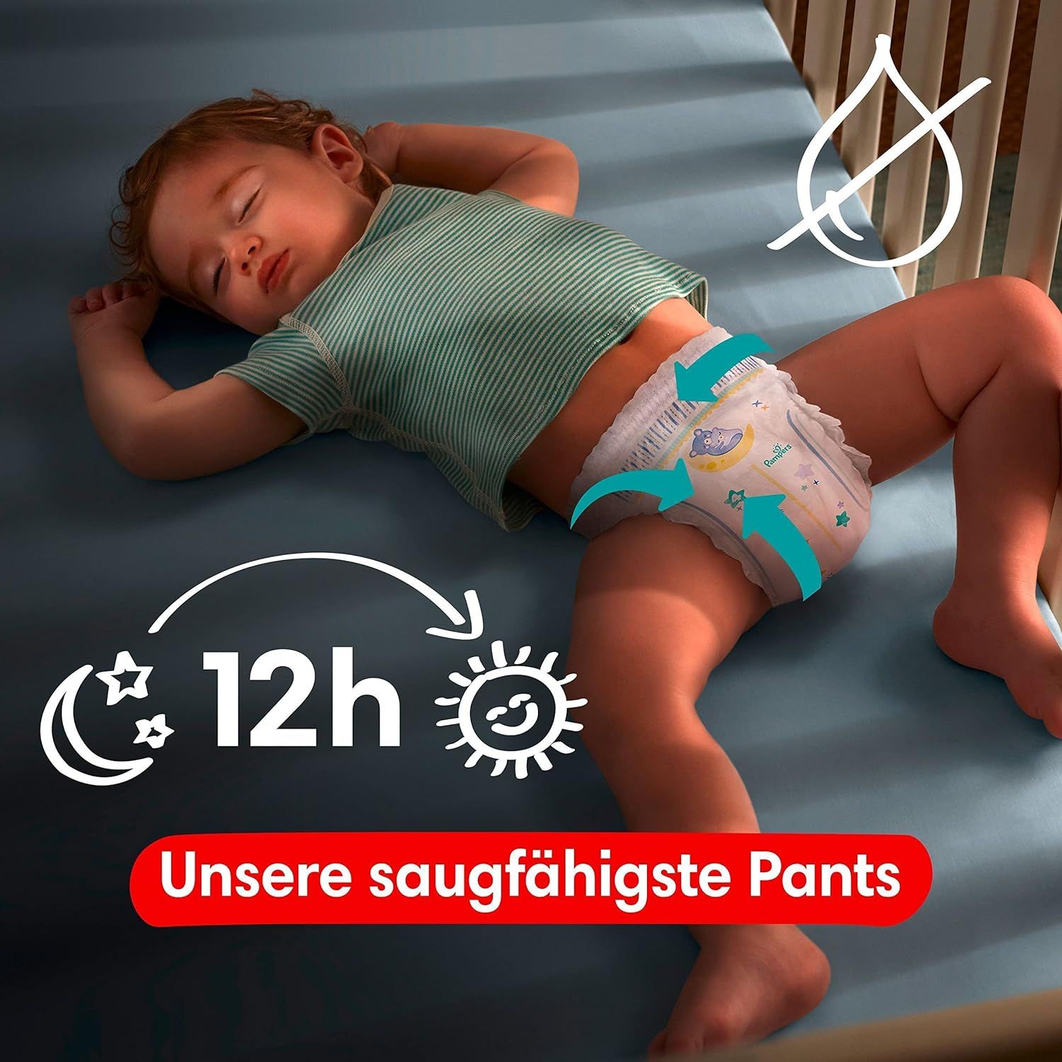 Bébé dans un lit. Pampers Night Pants. Flèches indiquant l'absorption. Texte: Notre couche-culotte la plus absorbante.