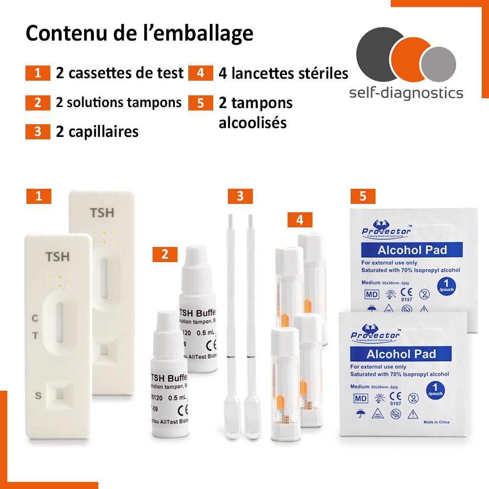 Contenu du test : 2 cassettes de test, 2 solutions tampons, 2 capillaires, 4 lancettes, 2 tampons alcoolisés.